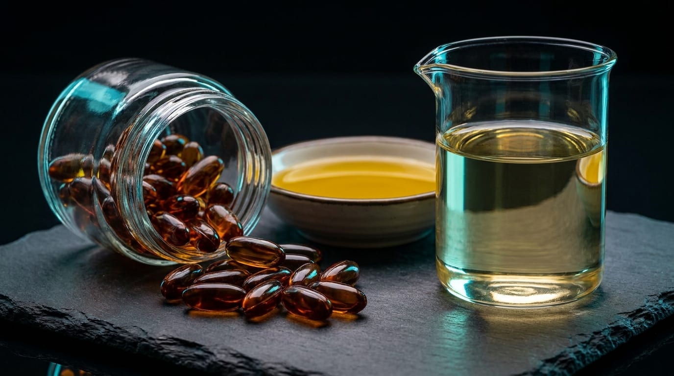 Amber softgel capsules and golden oil beside a beaker of clear pale-golden solution.