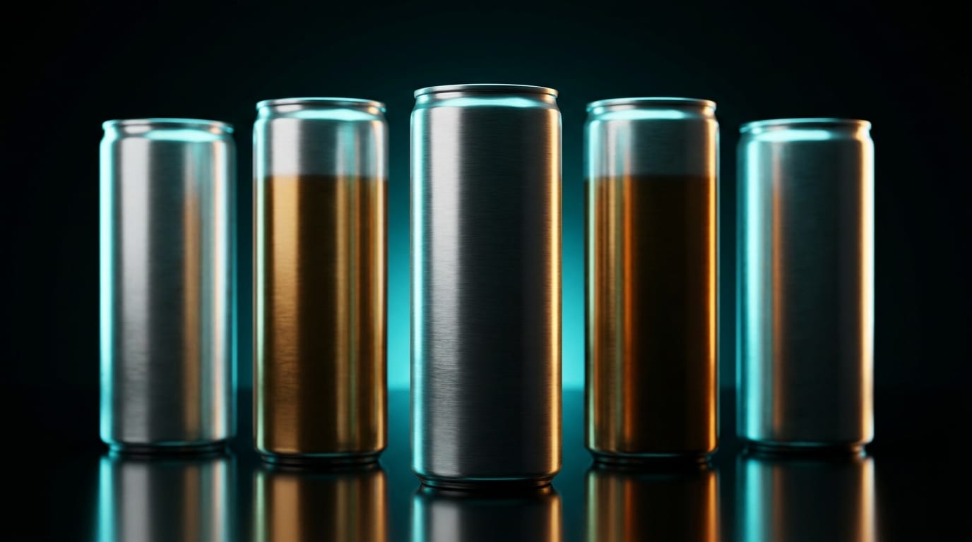 A row of blank aluminium beverage cans on a dark reflective surface.